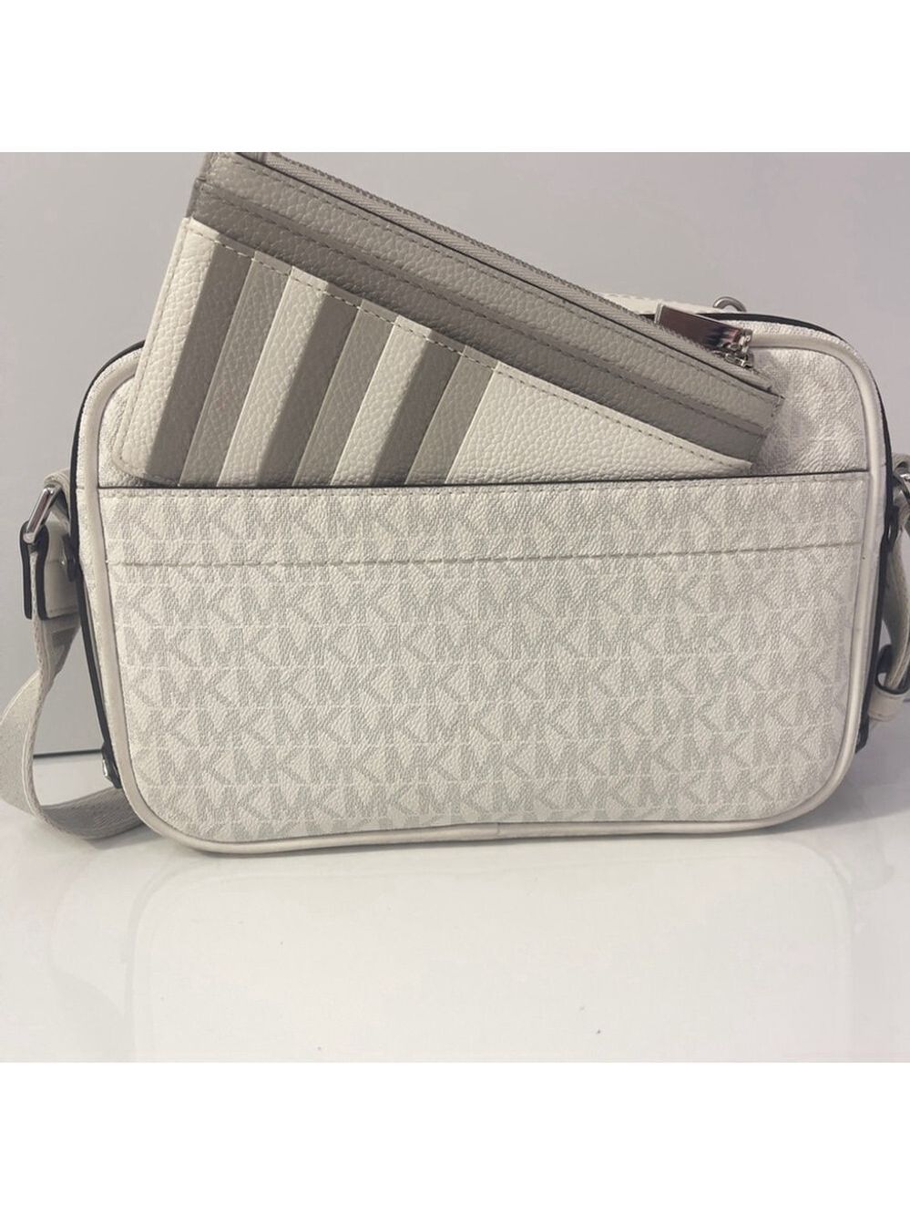 Michael Kors Maeve Crossbody Bag & Wallet Set Optic White Gray MK Signature Logo - Picture 7 of 14